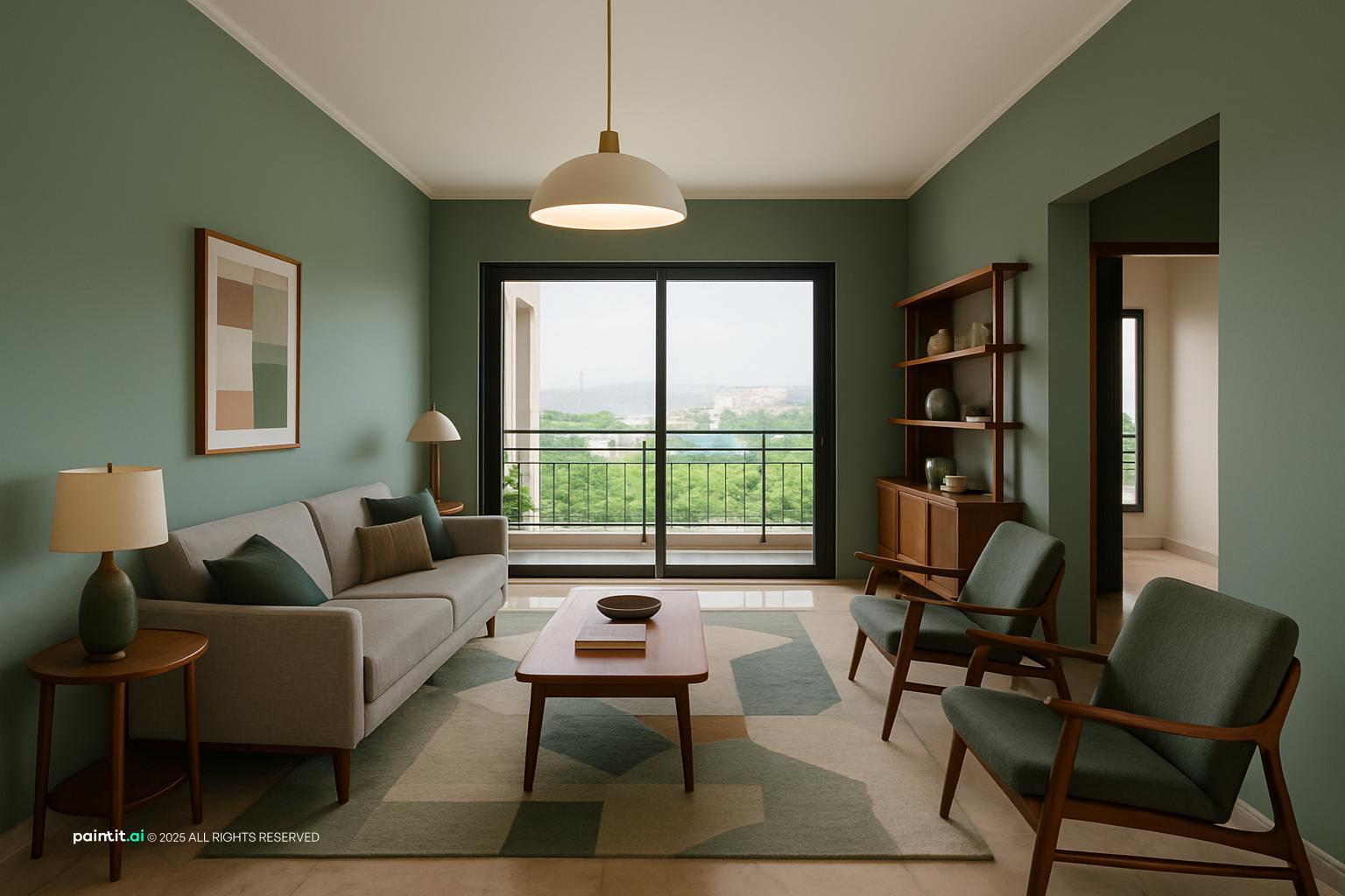 Mid-century living room with gray-green walls, a gray sofa, walnut furniture and a patterned rug