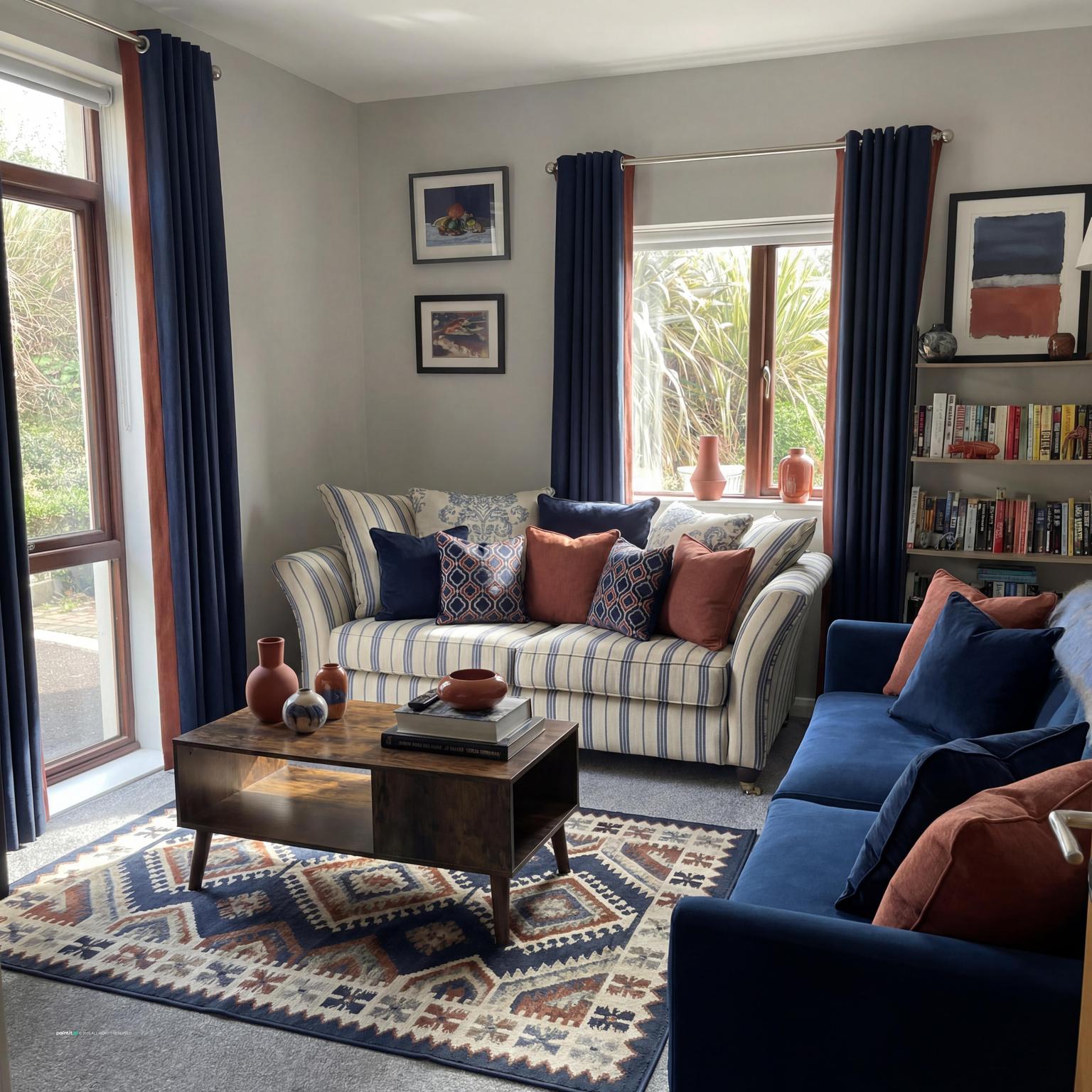 Living room updated in navy and rust with navy sofas, rust cushions and throws, and a patterned rug