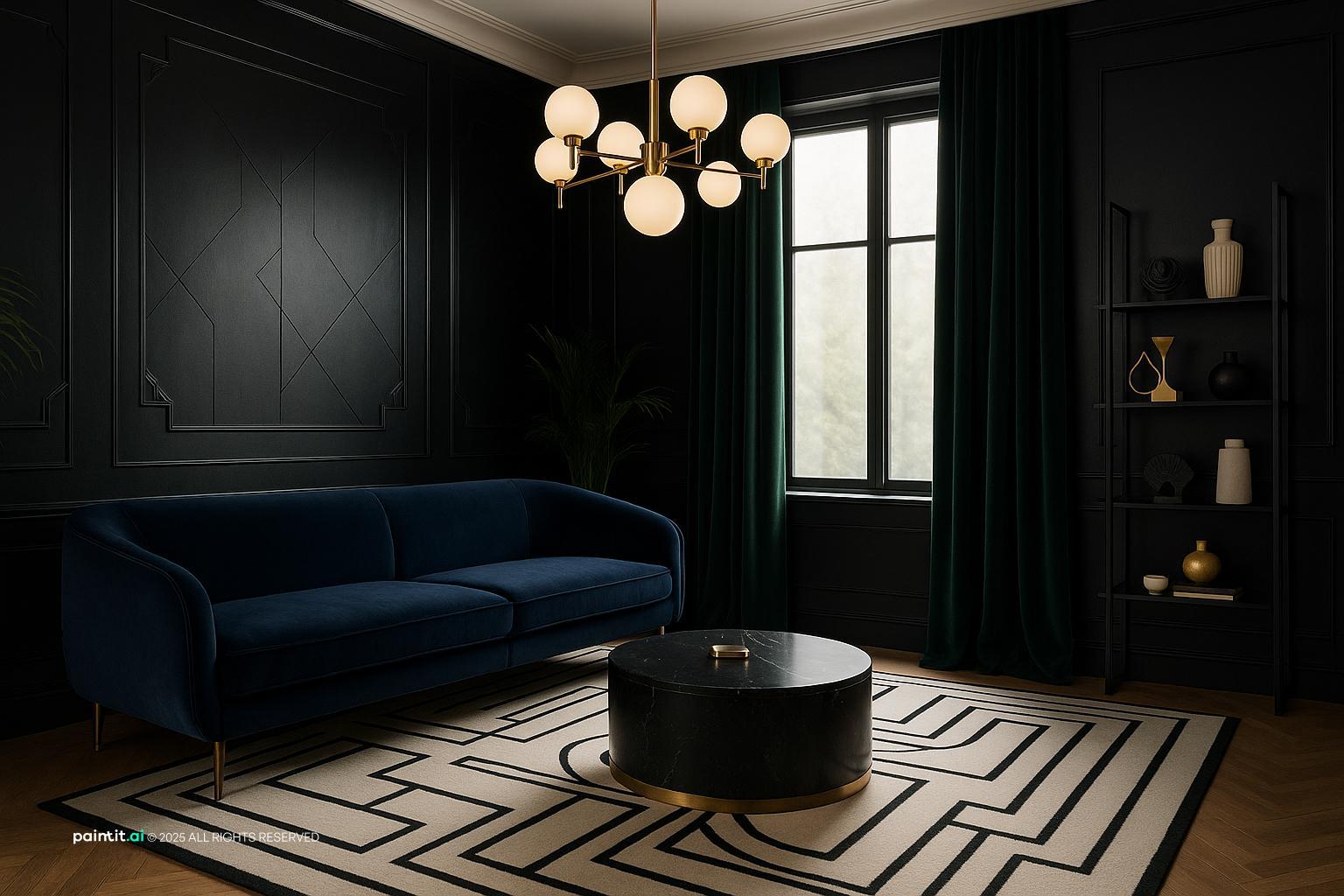 Dark Art Deco living room with a navy velvet sofa, a maze-pattern rug and a globe chandelier