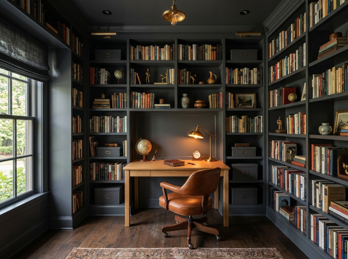 Built-in library home office with floor-to-ceiling charcoal gray bookshelves wrapping the entire wall, centered oak desk, and cognac leather chair