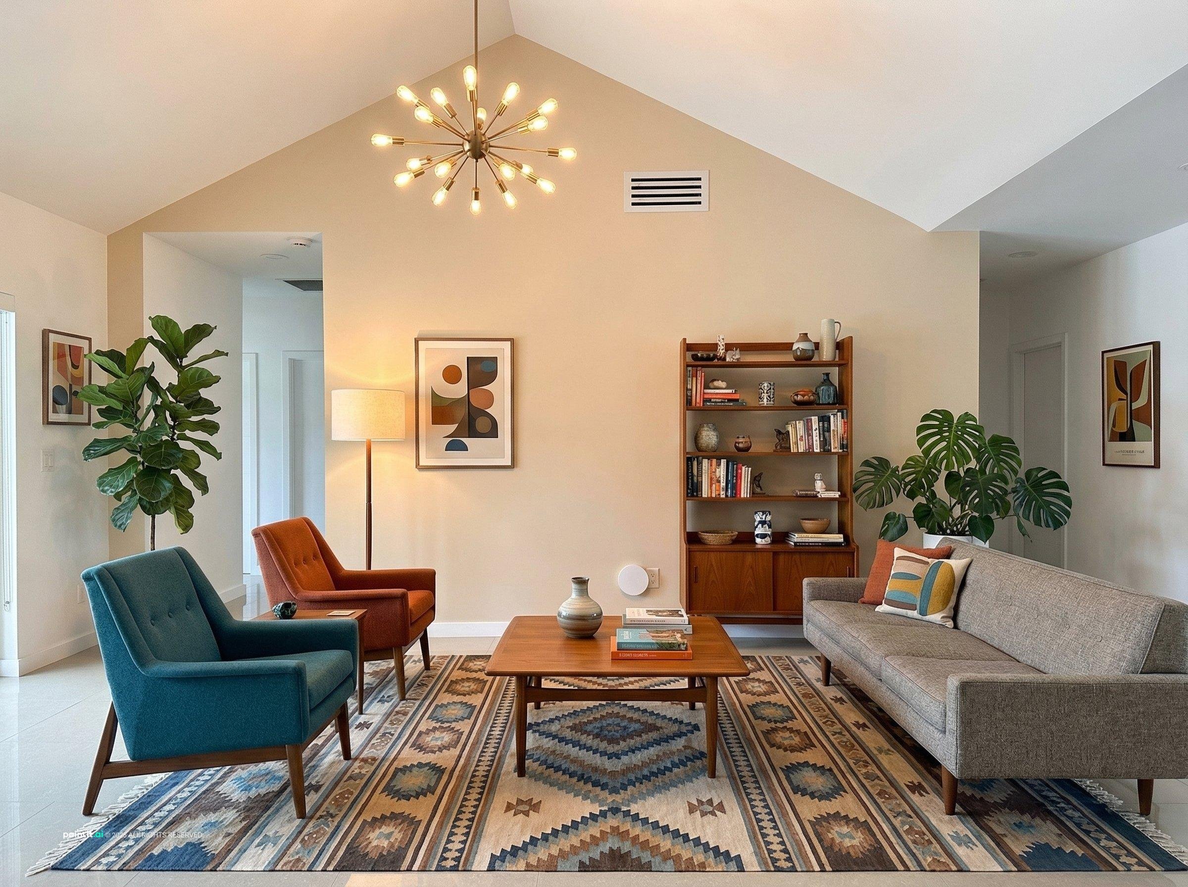 Mid century living room with a vaulted ceiling, a sputnik chandelier and teal and orange chairs