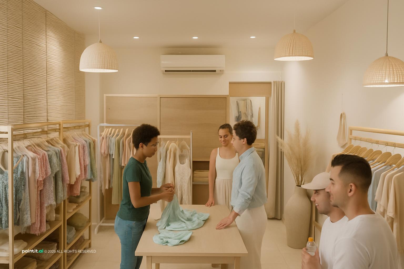Women's clothing store in light colors with rails of pastel garments, pendant lights and customers