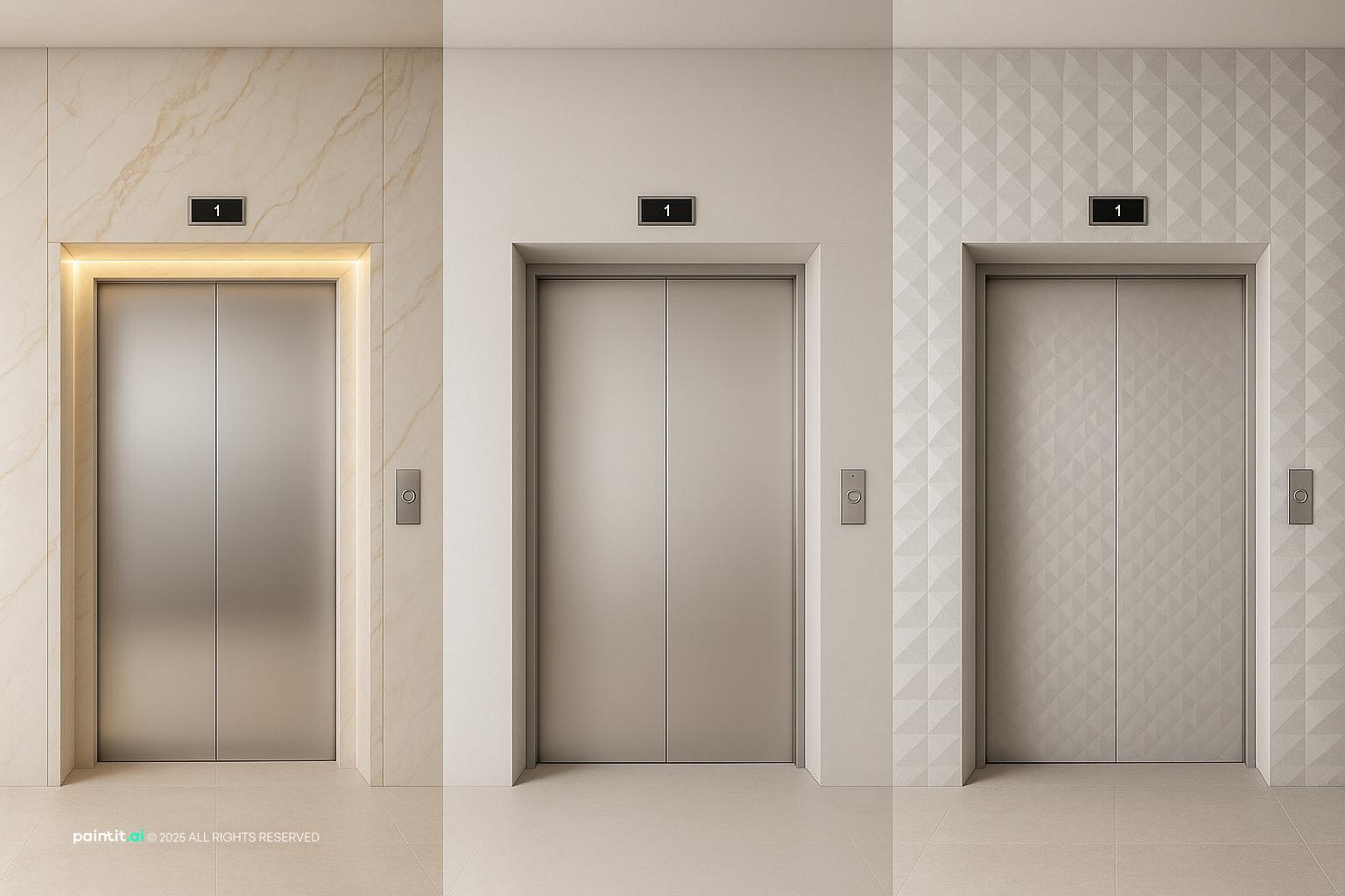 Three elevator doors with artificial stone surrounds in different finishes and trim widths