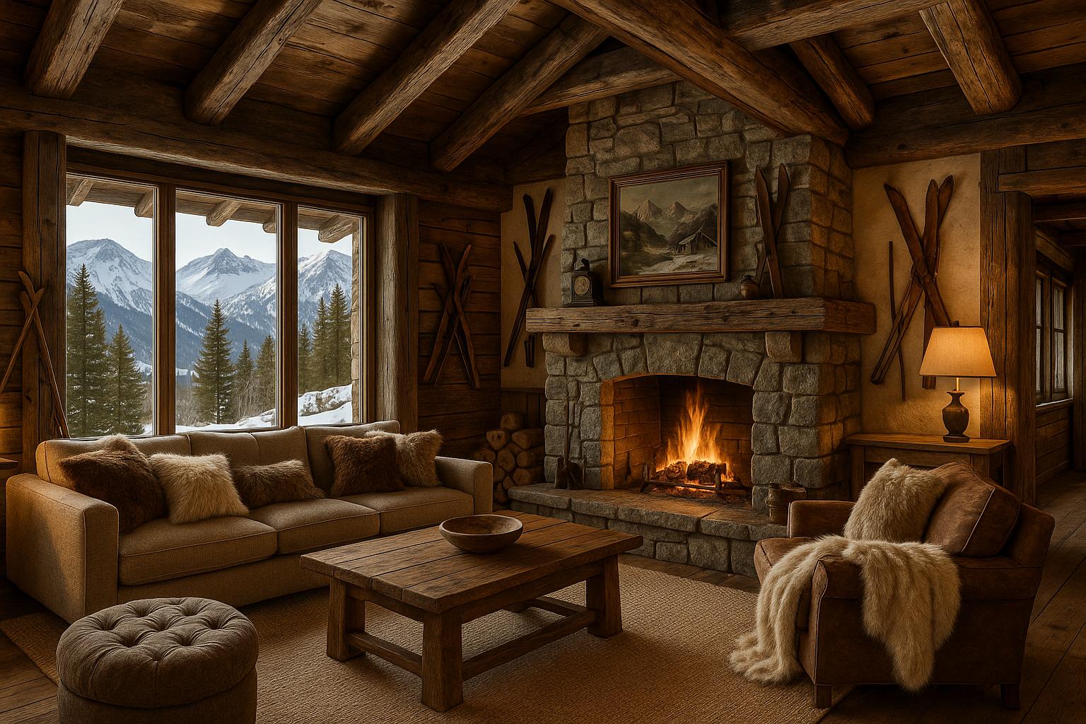 Luxury ski chalet interior with fireplace, plush seating, stone and wood materials