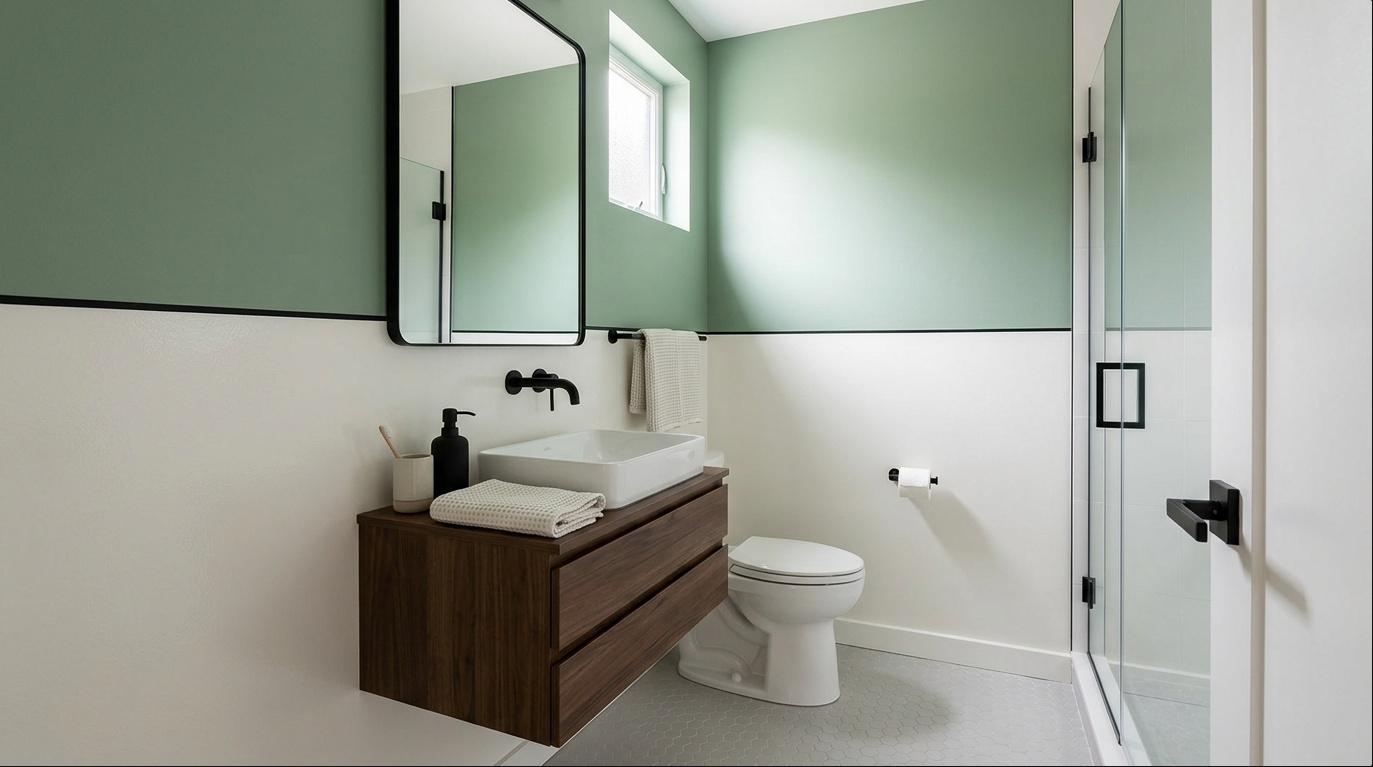 Compact bathroom with warm white lower color block, sage satin upper walls, black hardware, and modern vanity