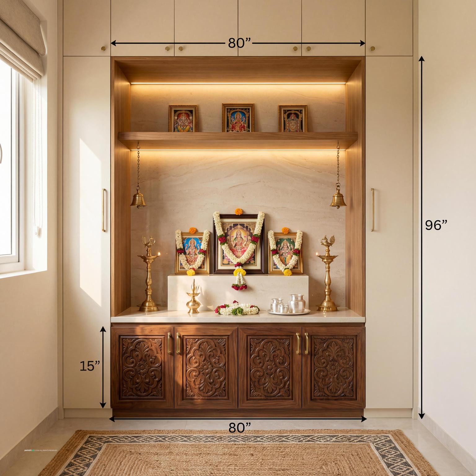 Pooja Room with soft natural palette and statement lighting
