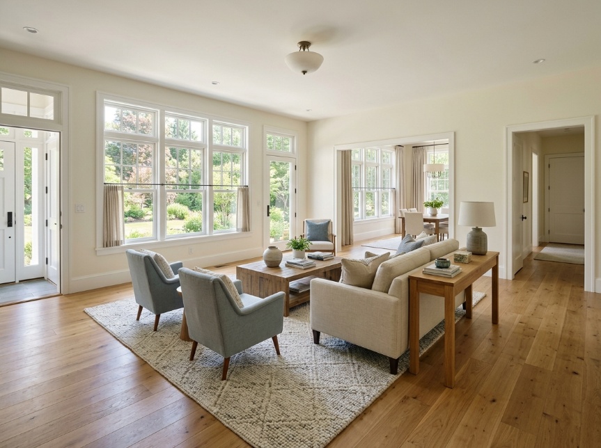 Living room with multiple doors and windows solved by floating furniture arrangement centered on a large area rug with clear pathways around it