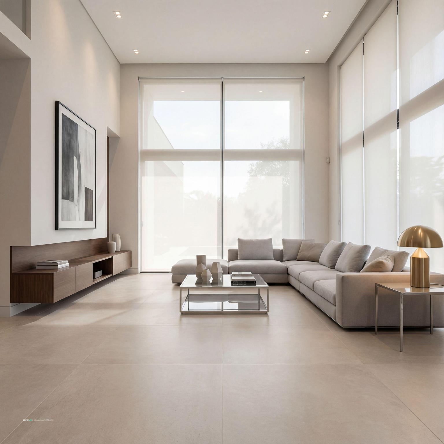 Ultra-modern living room showcasing innovative built-in storage, hidden compartments, and a minimalist aesthetic with sleek finishes.