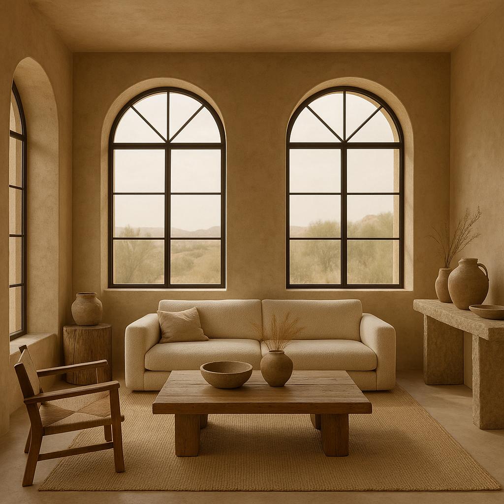 Desert-Inspired Villa Living Room Design with a tranquil 70s inspired feel.