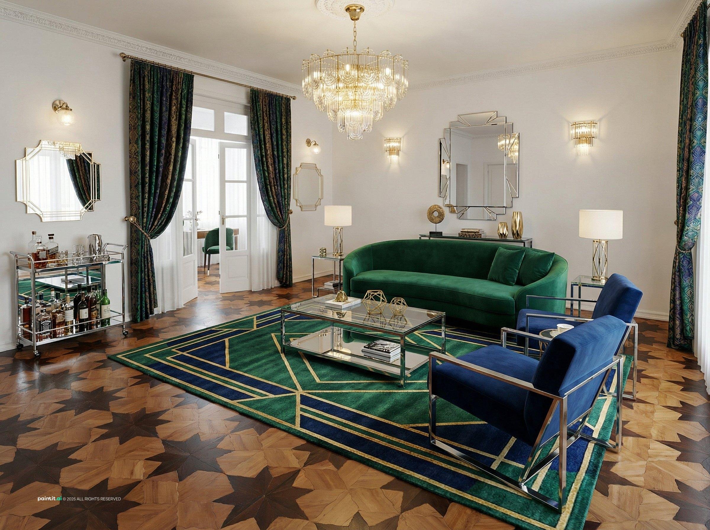 Art Deco living room with an emerald velvet sofa, a geometric star-pattern floor and a crystal chandelier
