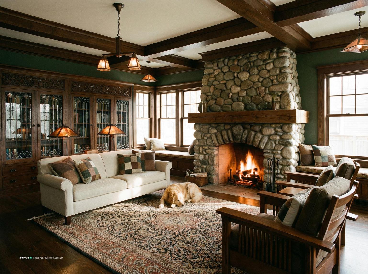 Frank Lloyd Wright inspired interior design visual reference 12: stone hearth as the room anchor