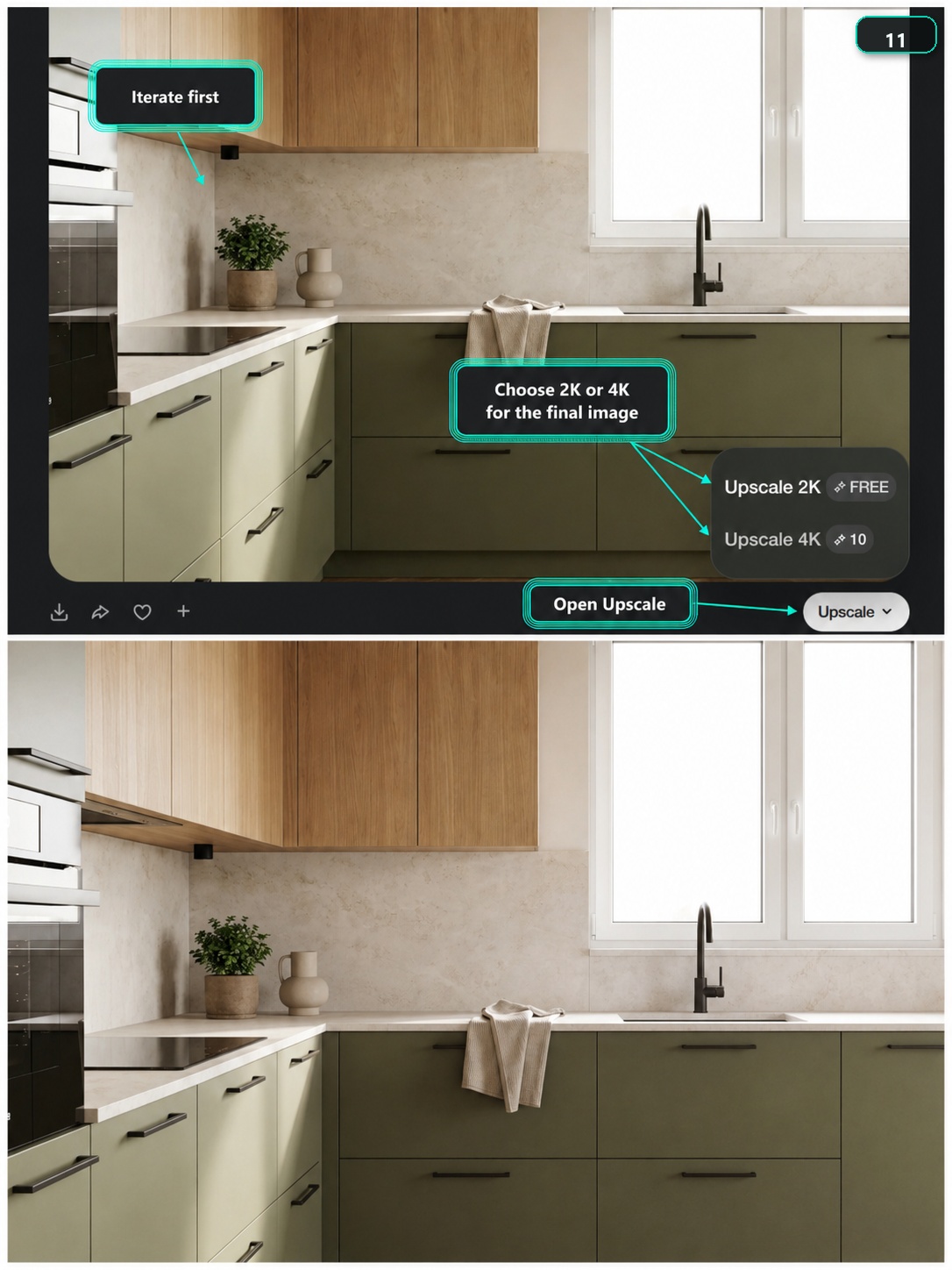 Paintit.ai kitchen render with Upscale button and 2K and 4K options highlighted.