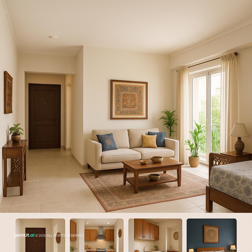 Vastu Shastra Inspired Indian Living Room with a 70s inspired color scheme.