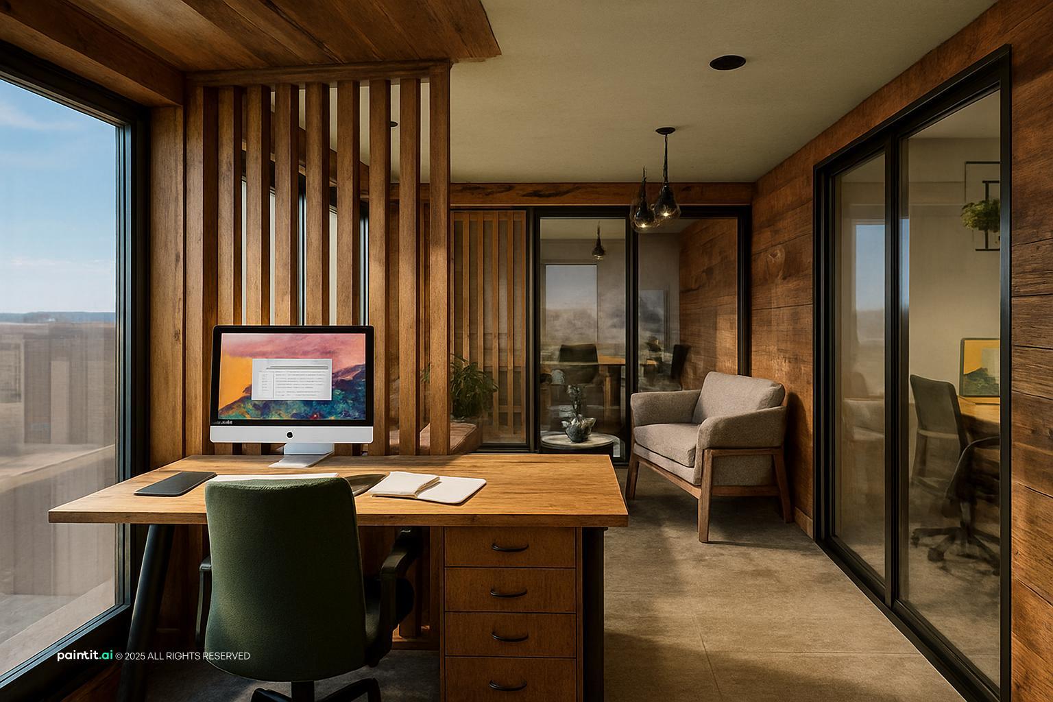 Private office with wood slat panels, a desk facing the window and a small lounge corner