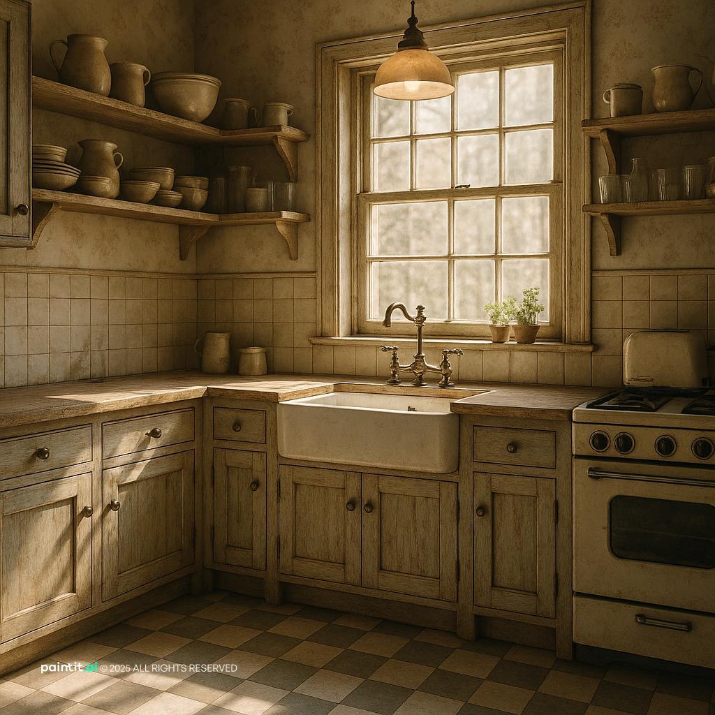 Vintage Kitchen with Distressed Cabinets for Country Style Interior Design Characteristics