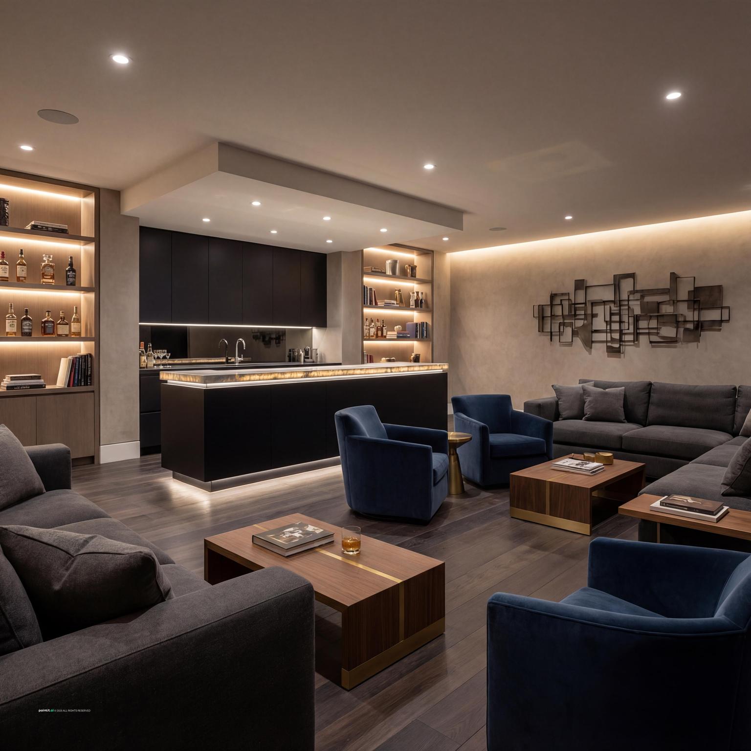 Contemporary basement bar lounge design, creating a dark moody living room atmosphere with rich textures and sophisticated lighting.