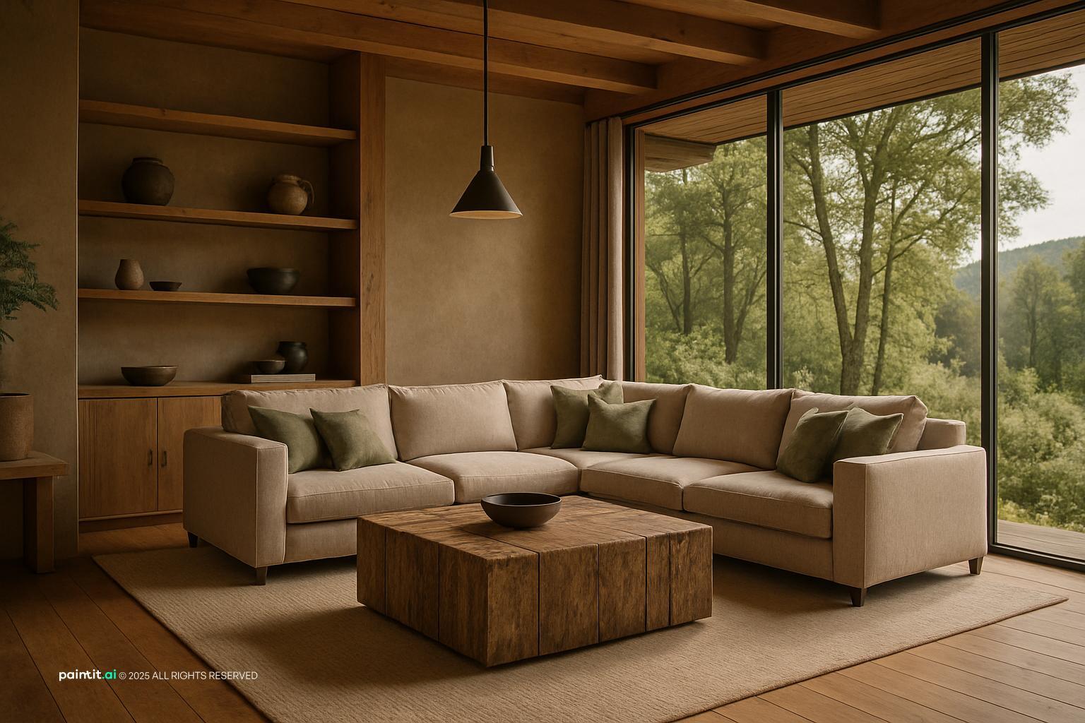 Earthy living room with a sand sectional, timber beams and glass walls onto trees