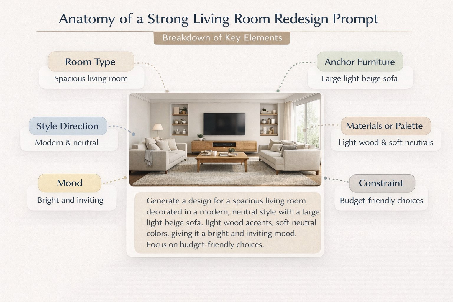 Infographic showing the structure of a strong living room redesign prompt