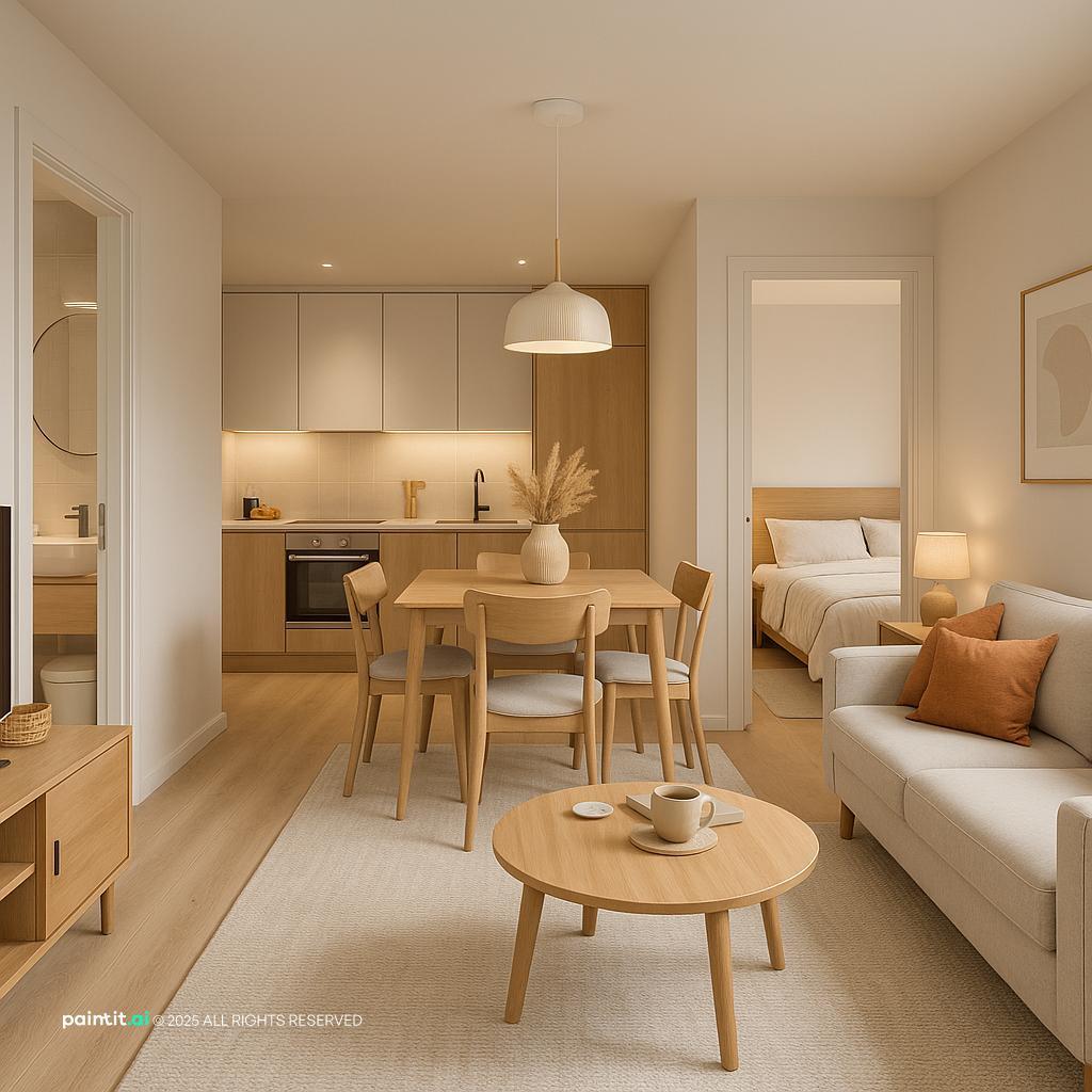 Modern apartment layout with functional furniture placement and bedroom storage
