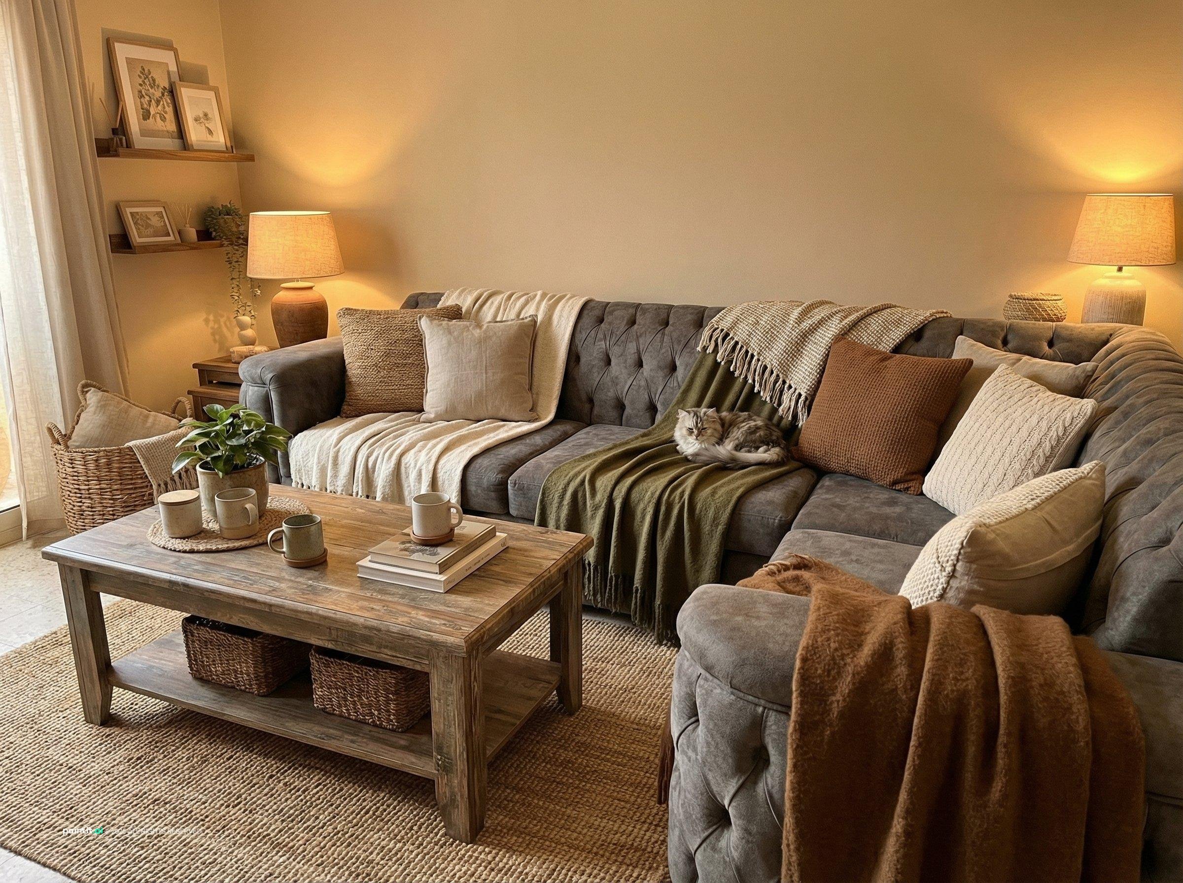 Cozy living room with a gray tufted sofa, rust and brown throws, cushions and a rustic wooden coffee table