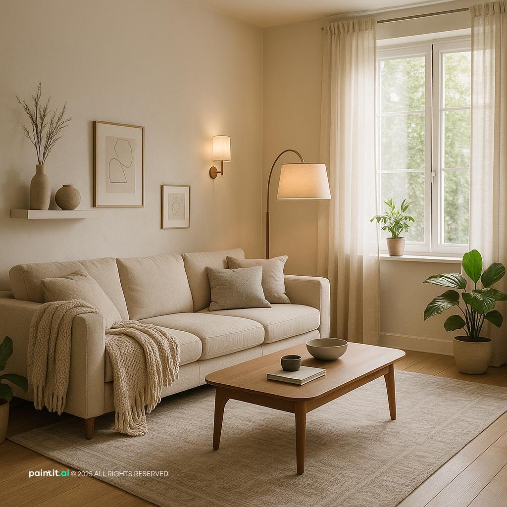 Cozy Contemporary Living Room Design showing curtain softness, window framing, warm wood for Living Room Curtain Ideas.
