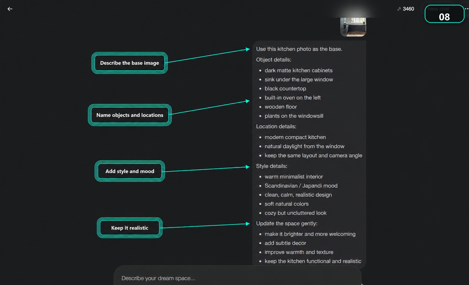 Paintit.ai screenshot showing a detailed kitchen redesign prompt with object, location, style, mood, and realism instructions.