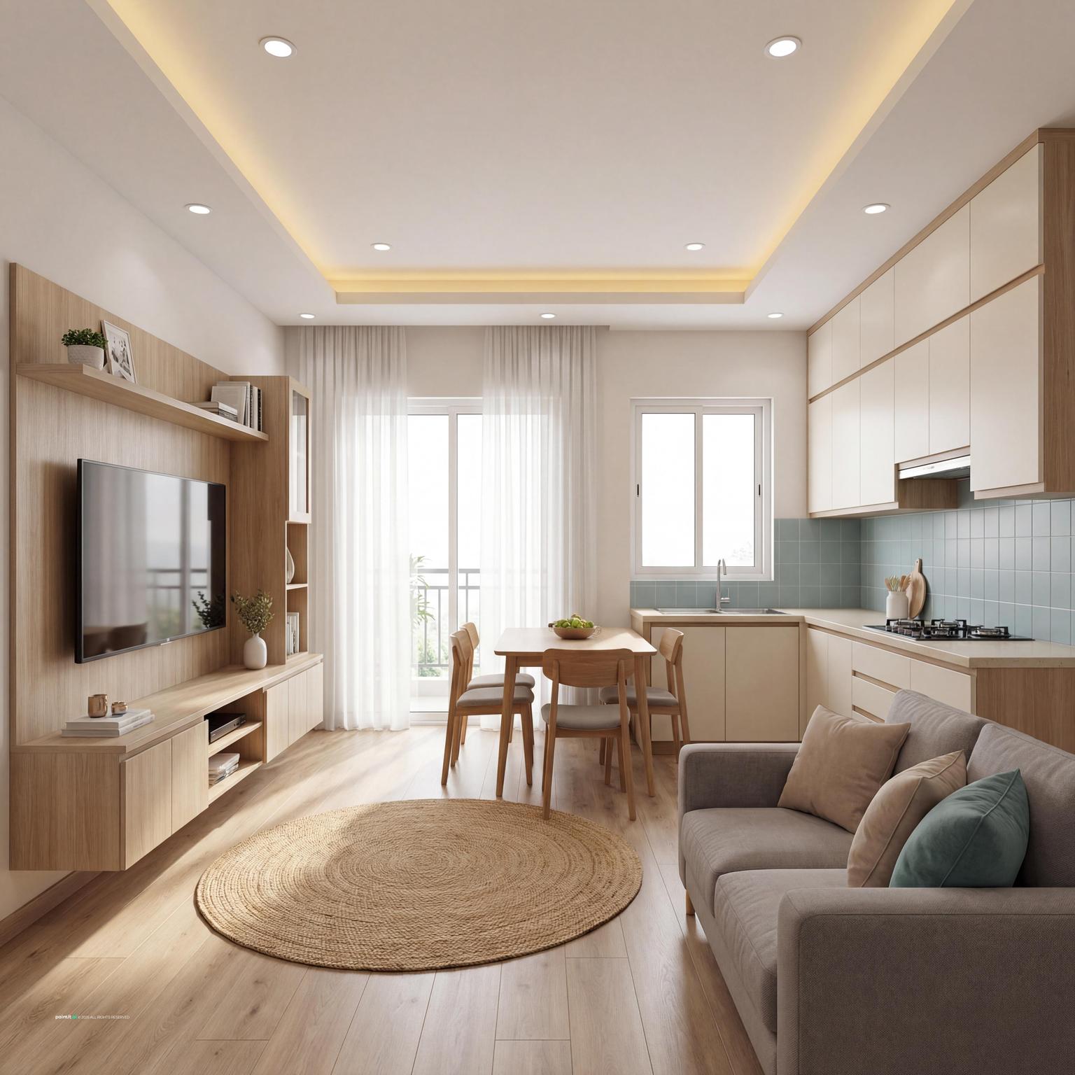 Elegant Modern Living Room & Kitchen Design with wood and lighting and a calm living room atmosphere.