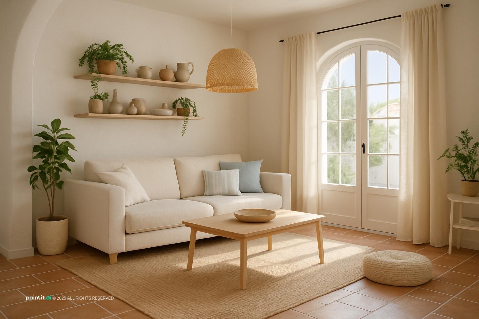 Spanish house living room in white and beige with light blue cushions, wall shelves and woven pendants