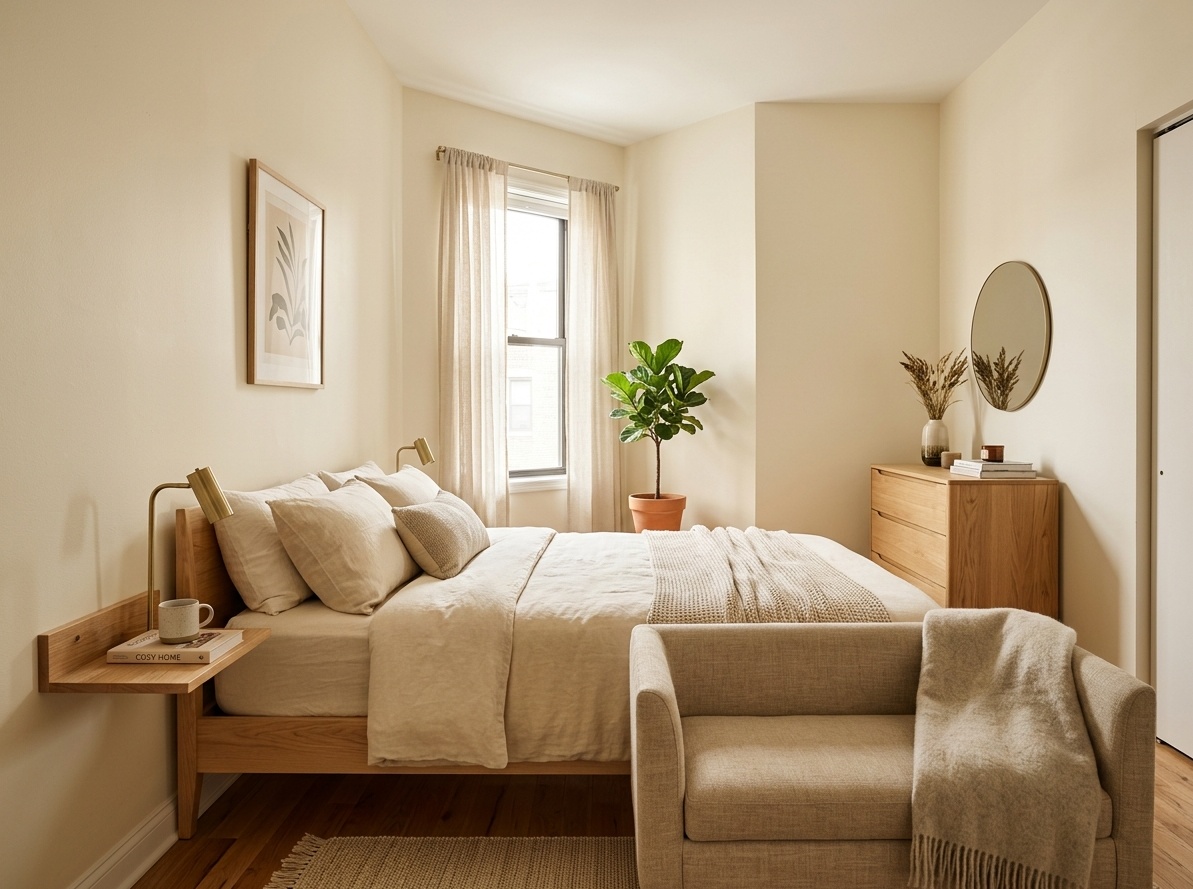 Cozy master bedroom with bed tucked into a corner,  floating shelf nightstand, and freed central floor space with a bench