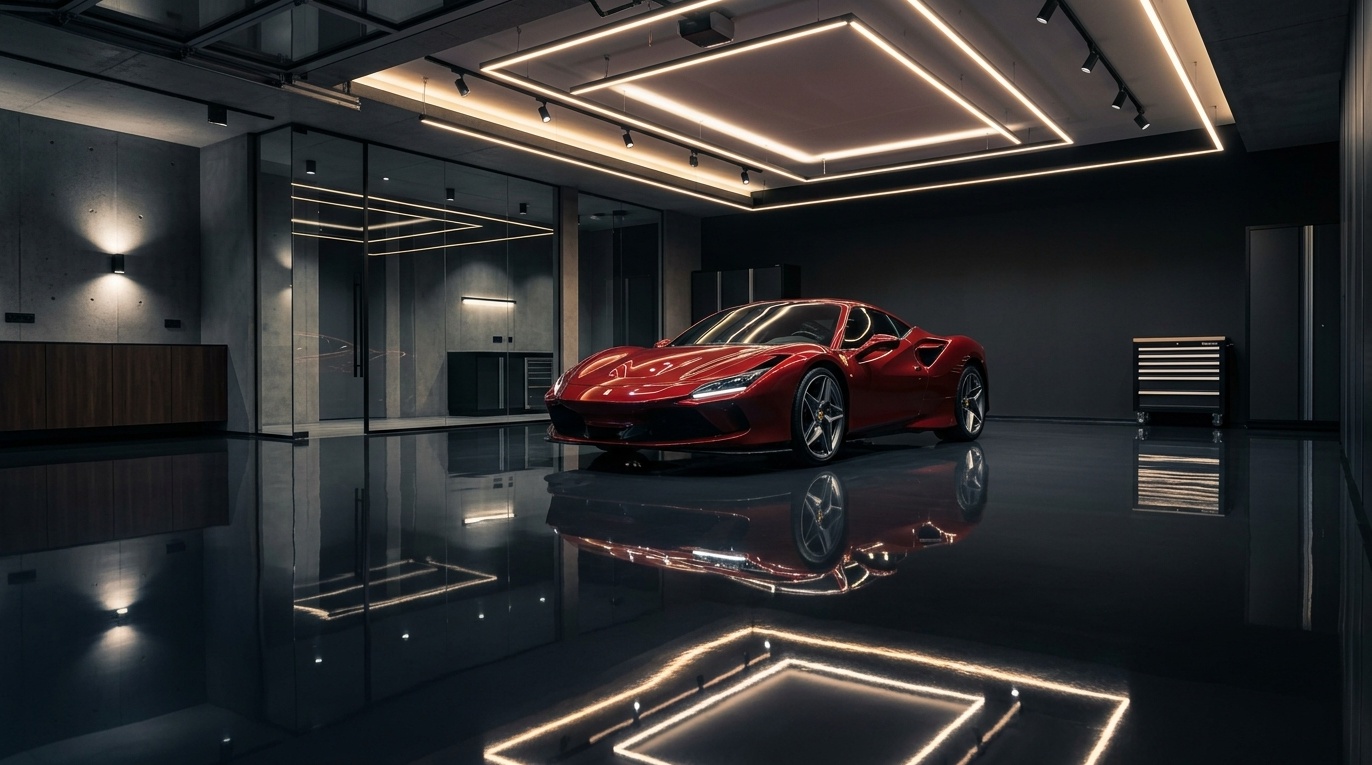 showroom-style garage floor with a high-gloss reflective polycuramine coating in deep charcoal
