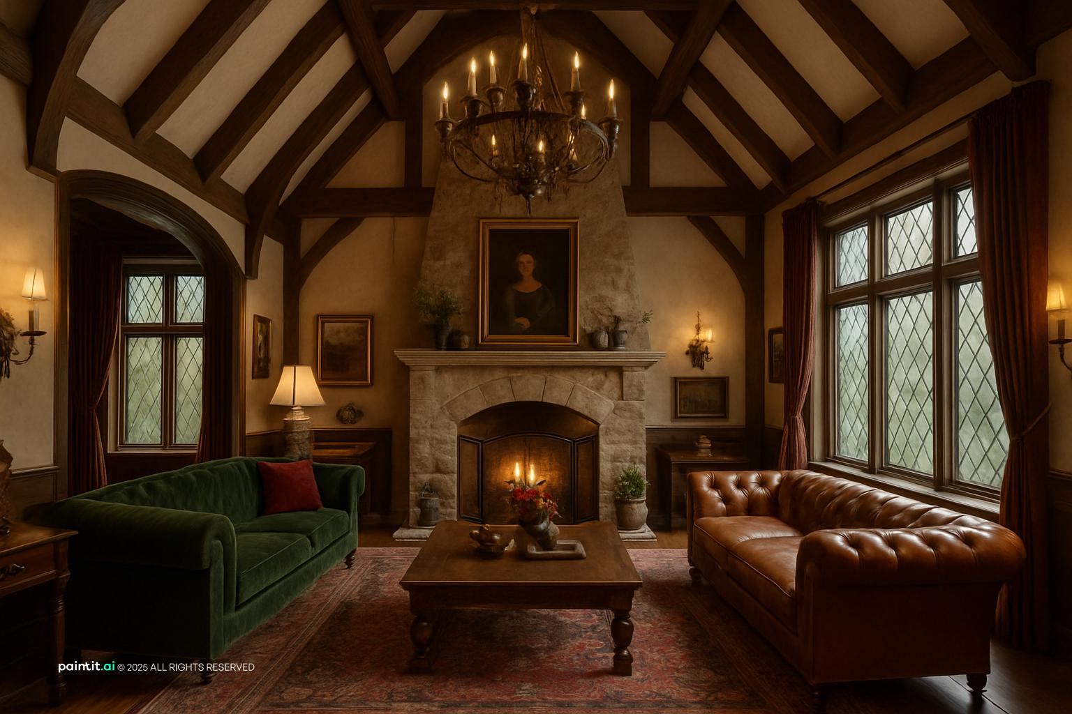 Tudor Revival great room with dark timber beams, a stone fireplace, leather sofas and leaded windows