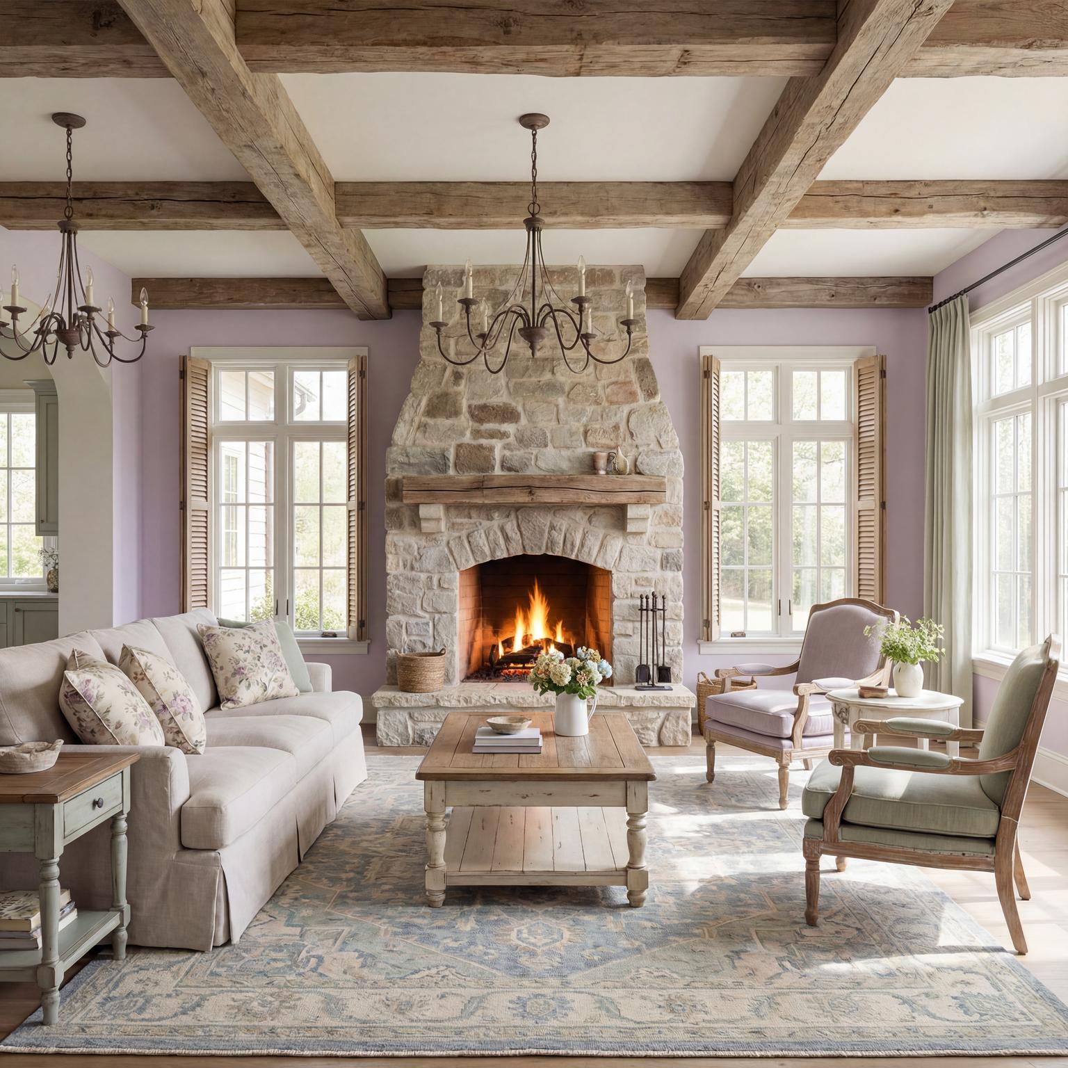 1940s inspired living room in a French Country style, featuring a blend of antique finishes, floral motifs, and plush seating for classic comfort.