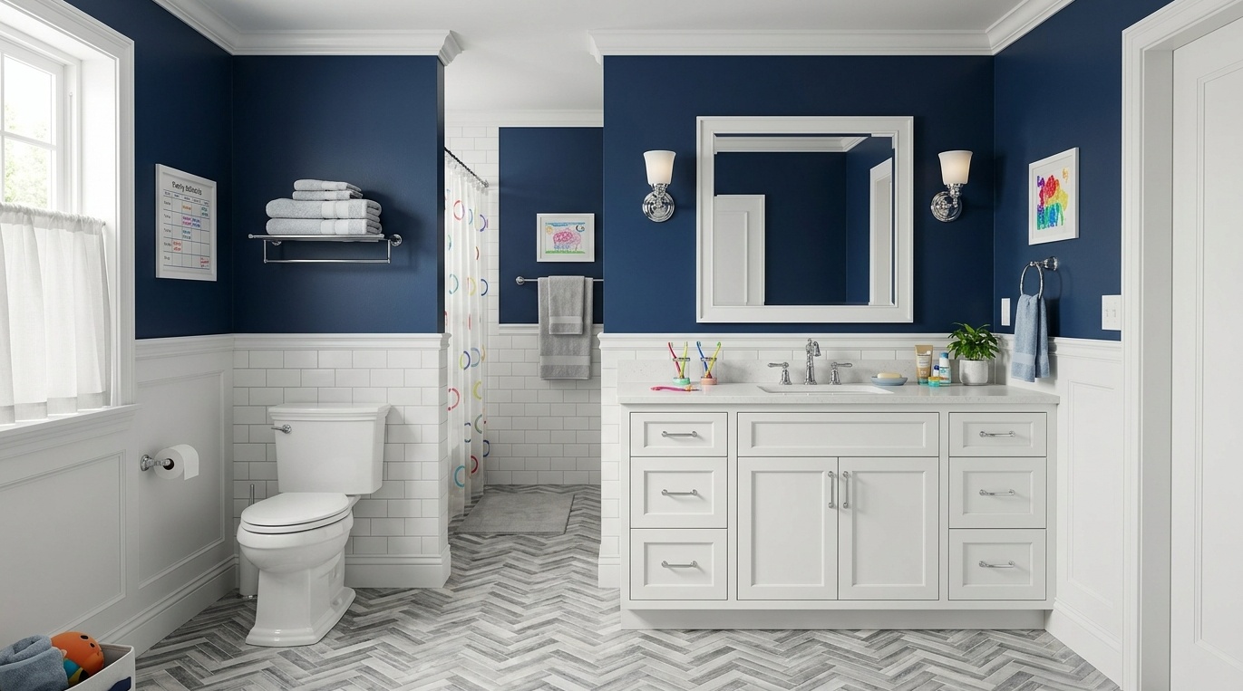 Family bathroom with navy semi-gloss paint above white subway tile, chrome hardware, and closed vanity storage