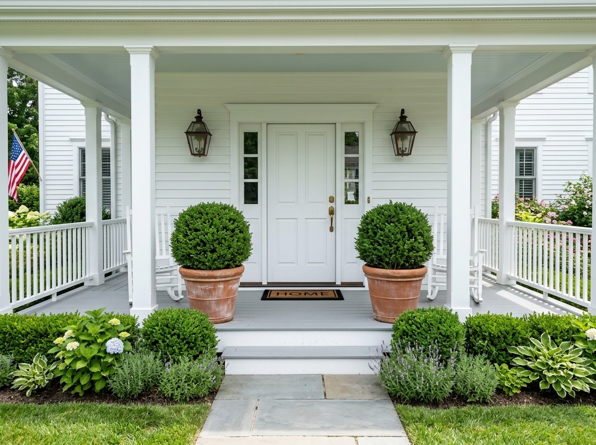 Symmetrical front porch with matching planters and black sconces  on either side of a white front door