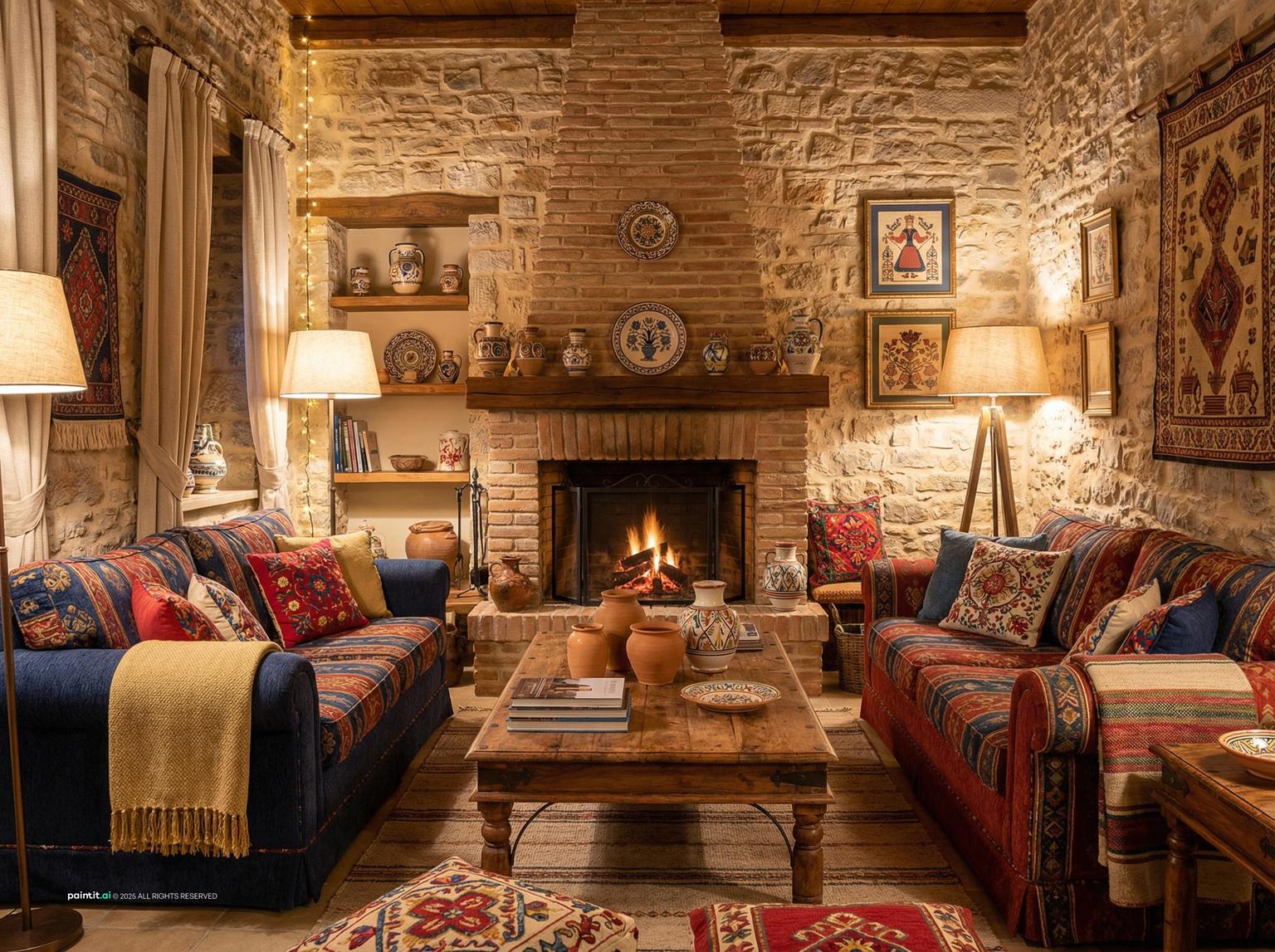 Greek-inspired warm living room with classical details