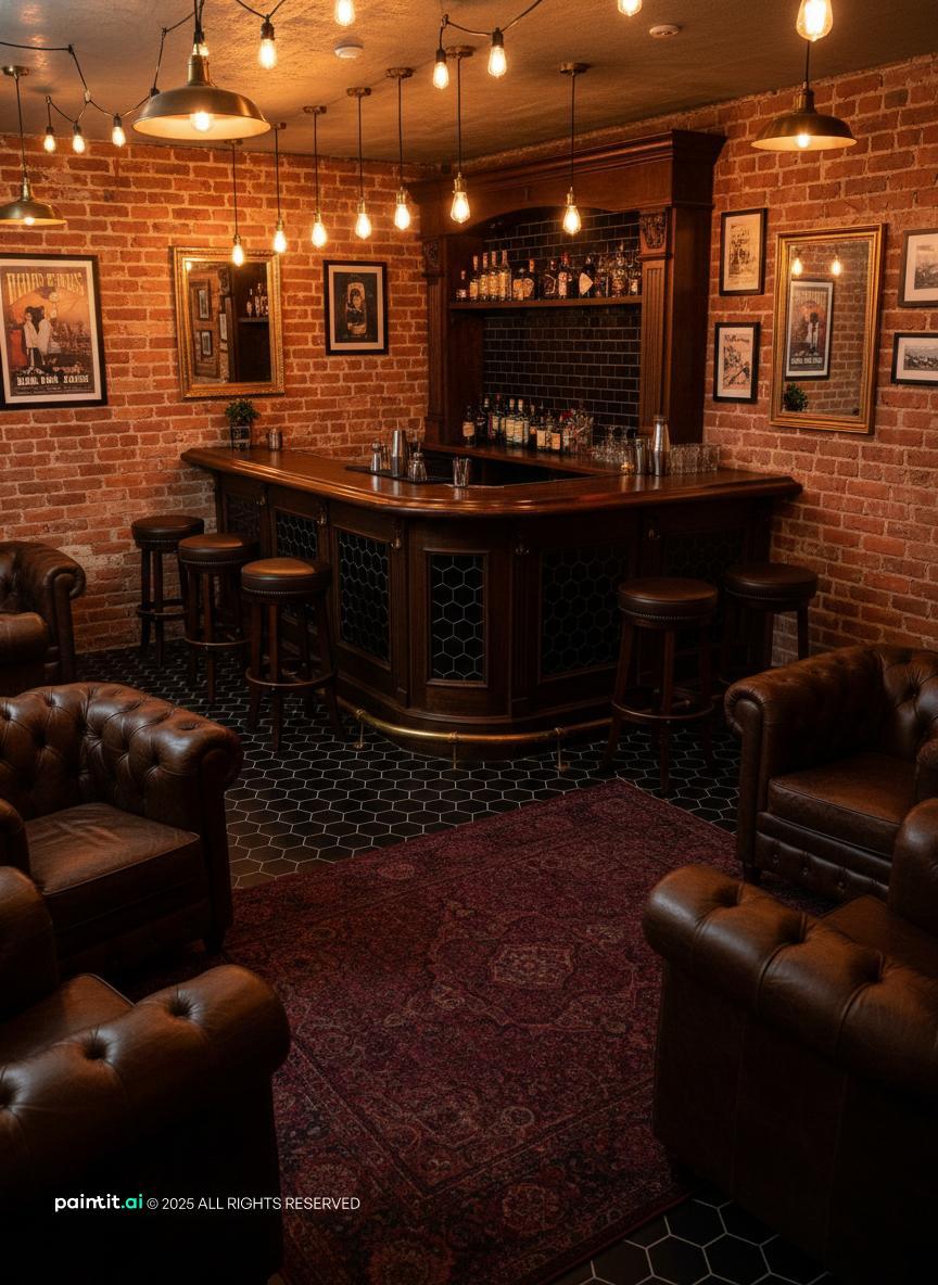 Home Irish pub in a basement with a dark wood bar, brick walls, Edison bulbs and leather chairs
