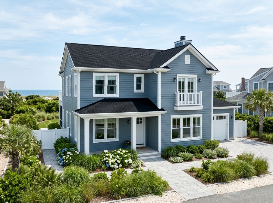 Coastal home in cool blue-gray Stonington Gray siding with white trim