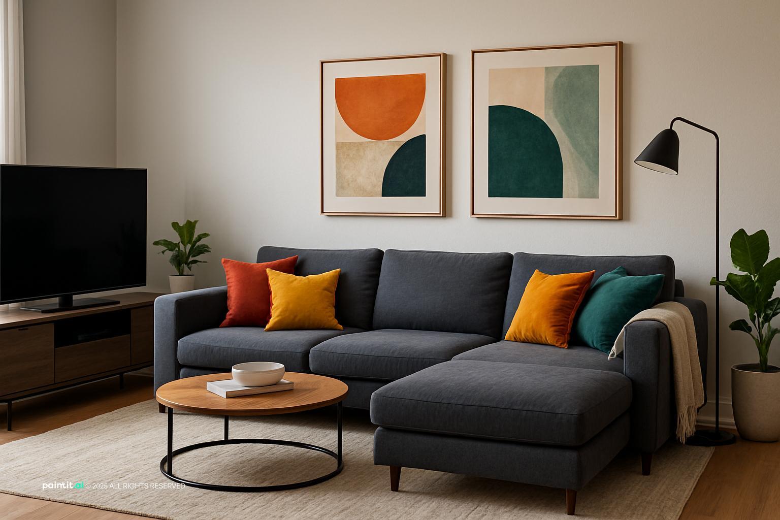 Charcoal sectional with orange, teal and mustard cushions, a round wooden table and bold prints