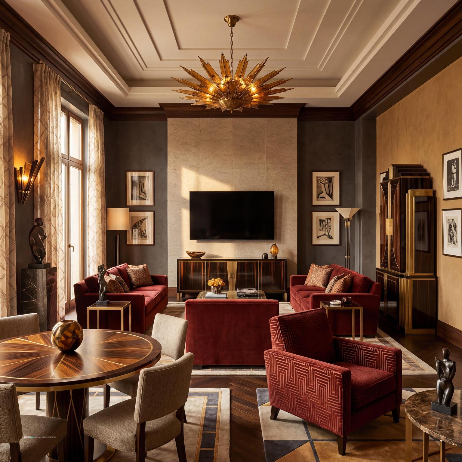 Stunning 80s inspired living room design, featuring glamorous Art Deco revival elements, bold geometric patterns, and luxurious finishes.