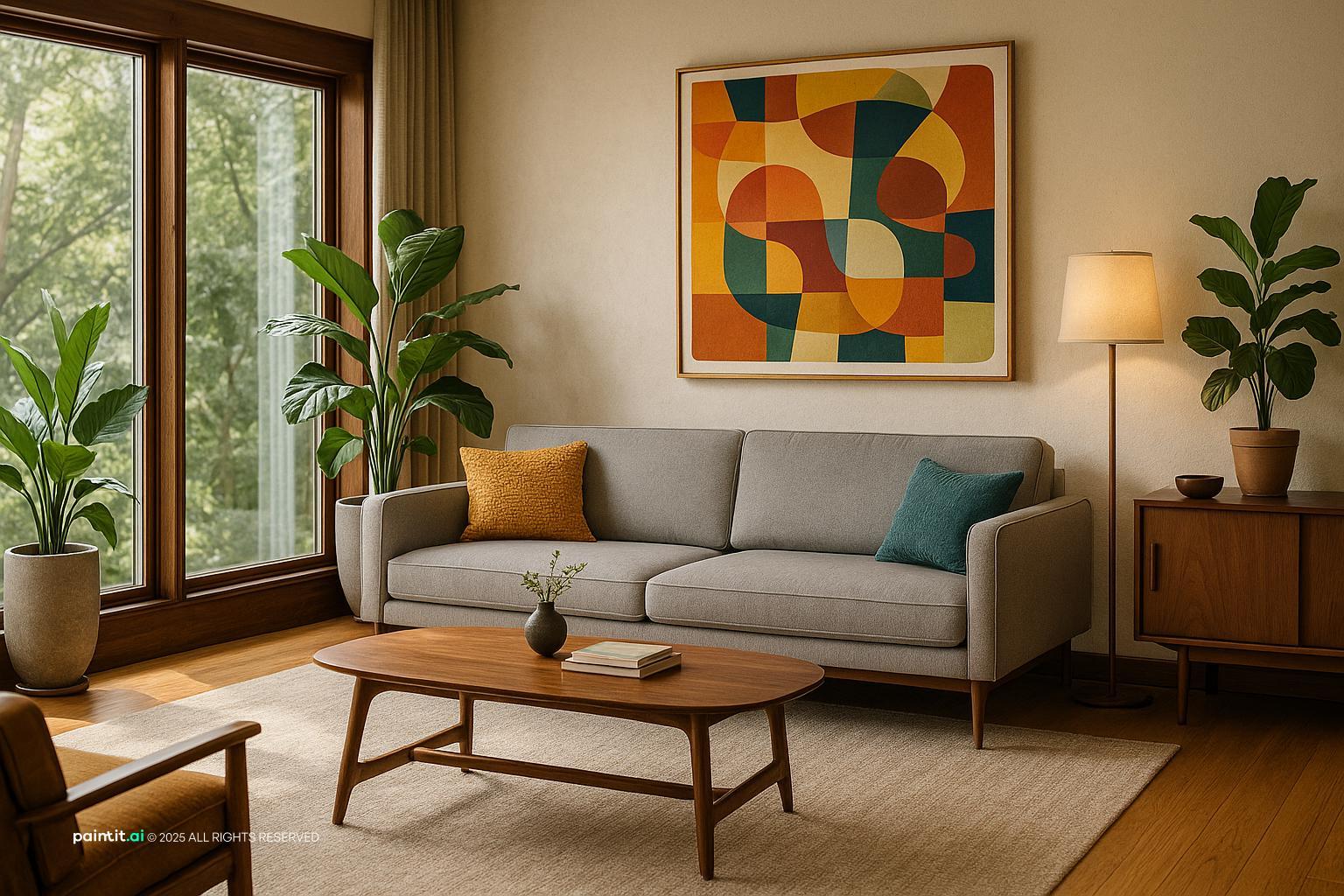 Yellow and Grey Living Room Ideas with Grey Palette and Yellow Accents View 6 showing grey palette, yellow accents, warm wood for Yellow and Grey Living...