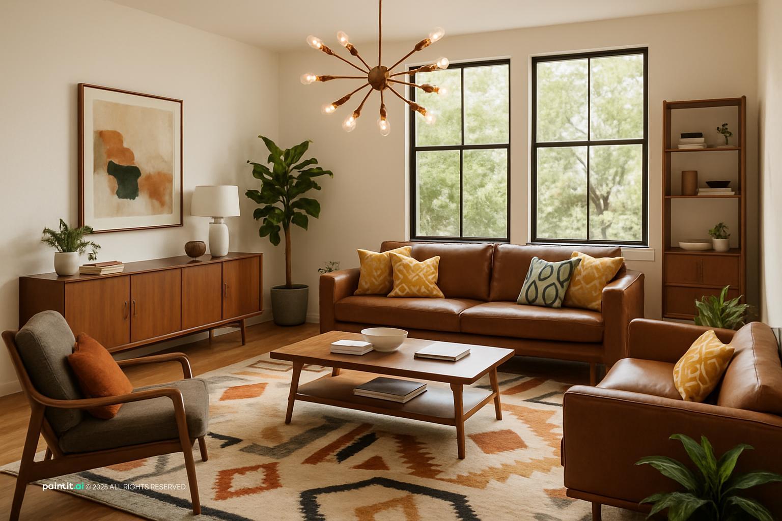 Mid century modern living room with a cognac sofa, a teak sideboard, a sputnik chandelier, a geometric rug and plants