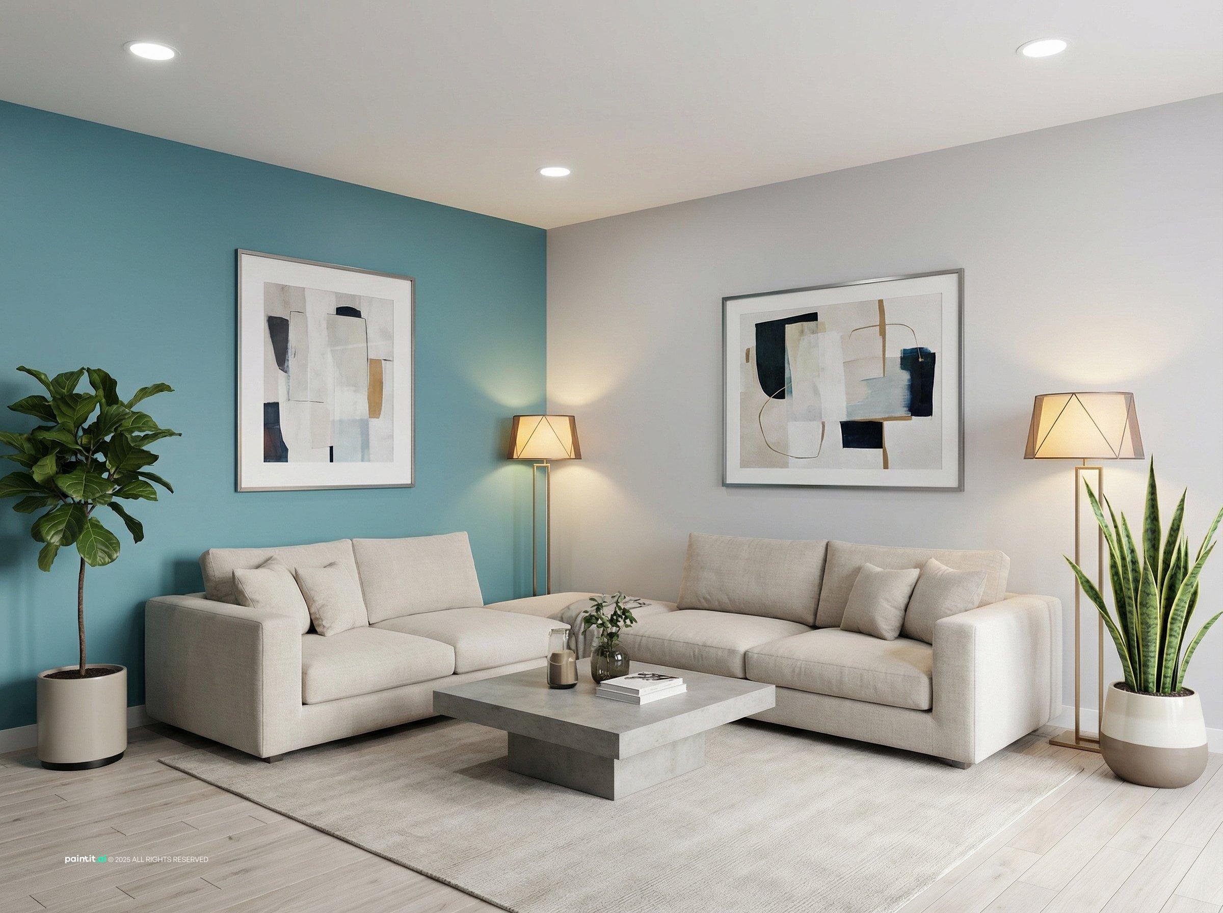 Contemporary living room with a soft blue accent wall, a white sectional, abstract art and potted plants