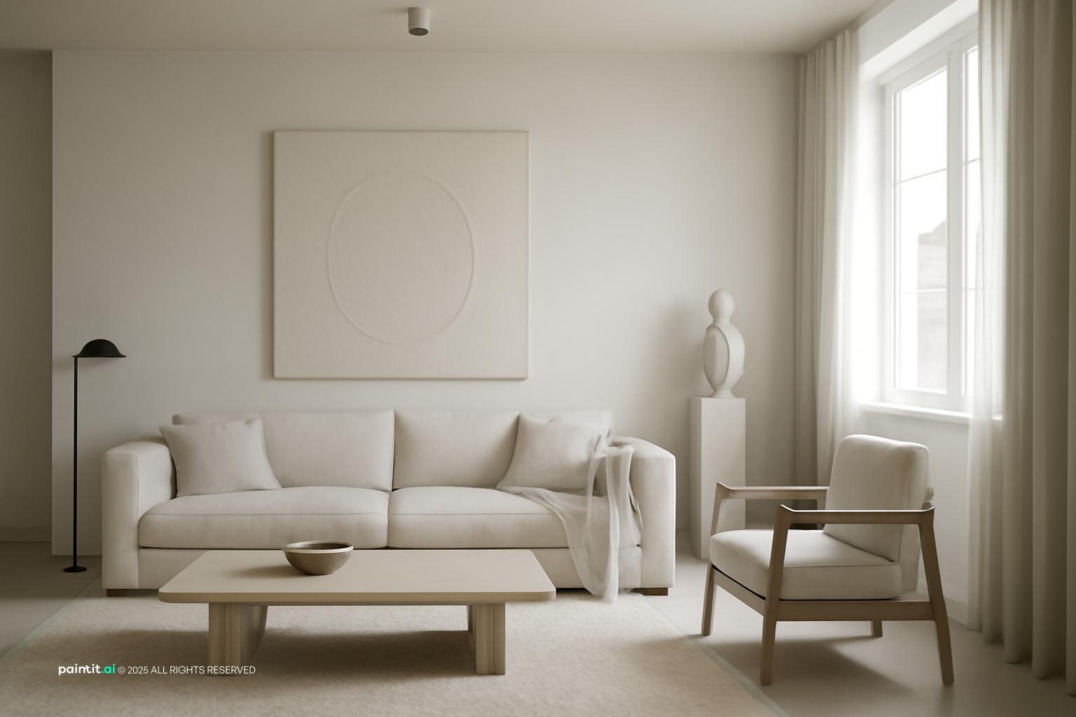 Minimalist Contemporary Living Room Design showing coastal airiness, blue-and-white palette, soft textiles for Coastal Living Room Ideas.