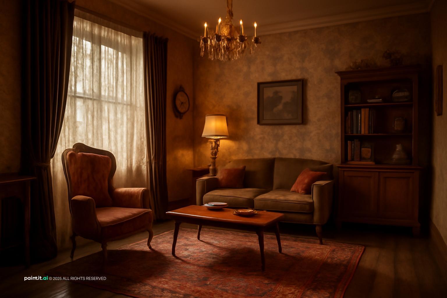 Victorian sitting room with floral wallpaper, a velvet wing chair, a small loveseat, sheer curtains and a brass chandelier