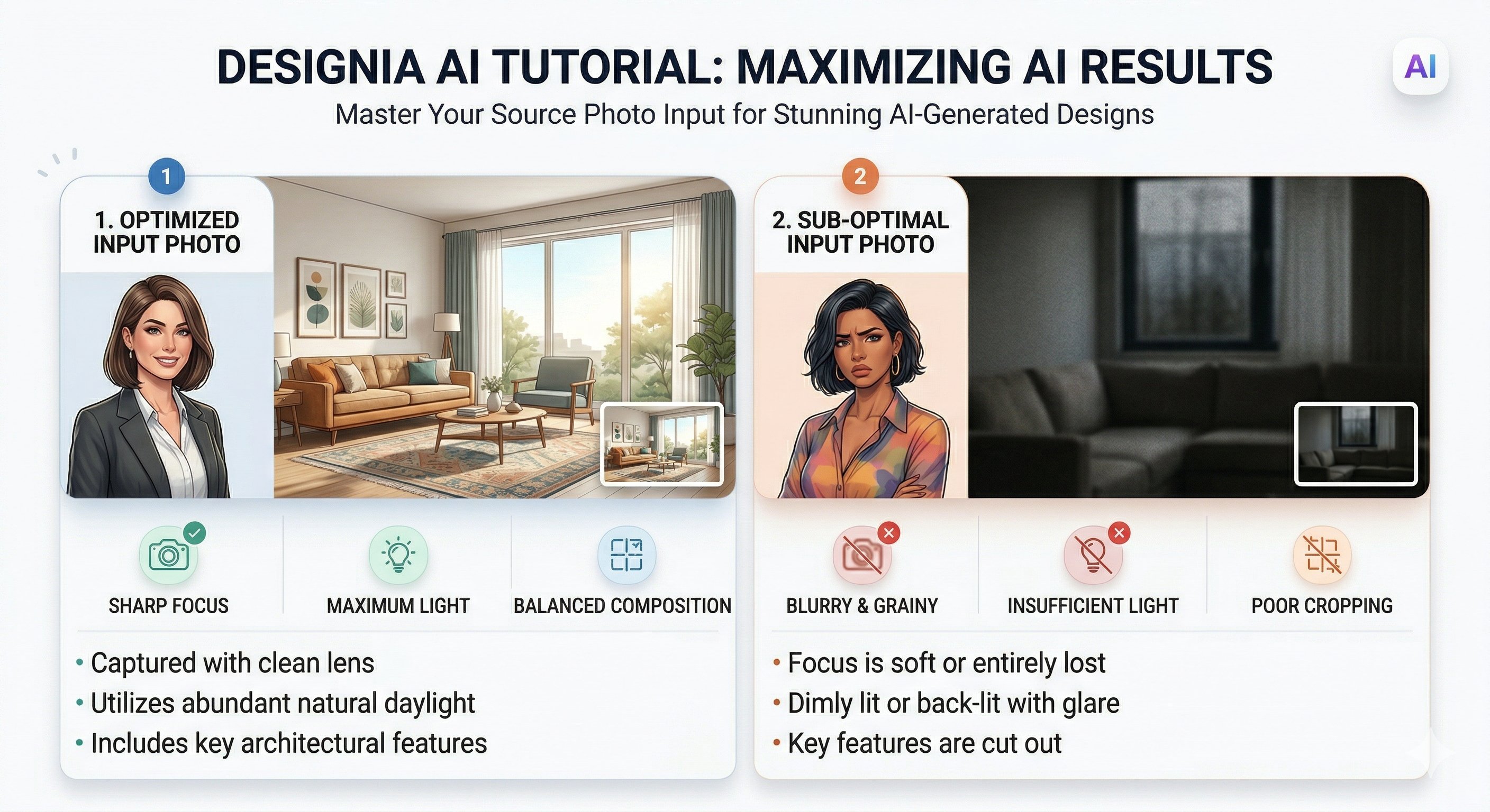 Comparison of a good upload photo and a bad dark blurry photo for AI room redesign