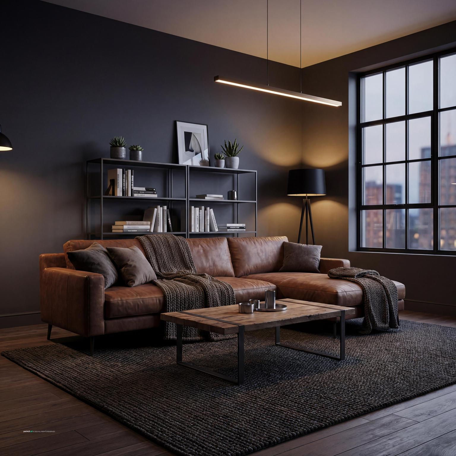 Stylish masculine Yellowstone living room design ideas, featuring robust leather, dark wood, and a sophisticated, rugged aesthetic.