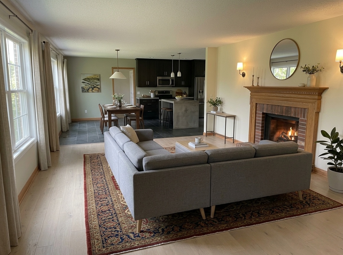 Open-concept living room zone defined by a large area rug and sofa back as a soft visual boundary separating it from the dining and kitchen area