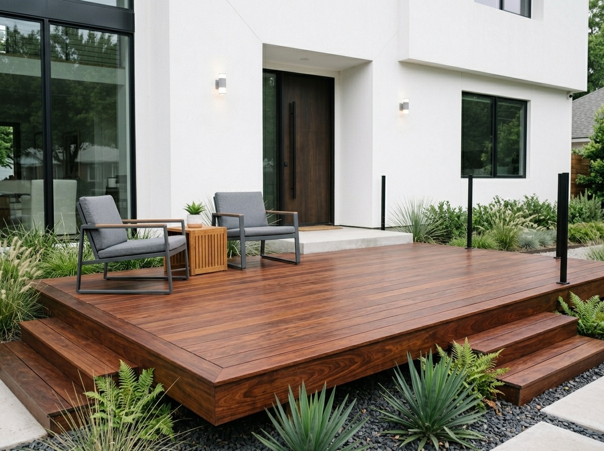 Front deck in unfinished Ipe hardwood with hidden fasteners and smooth uninterrupted surface beside a white house