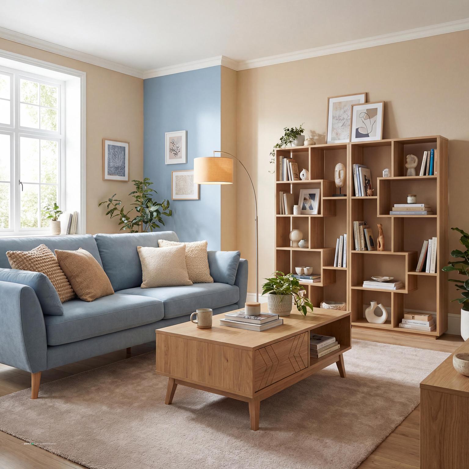 Cozy blue and beige living room mood board, combining soft textures and serene hues to create a calm and inviting atmosphere.