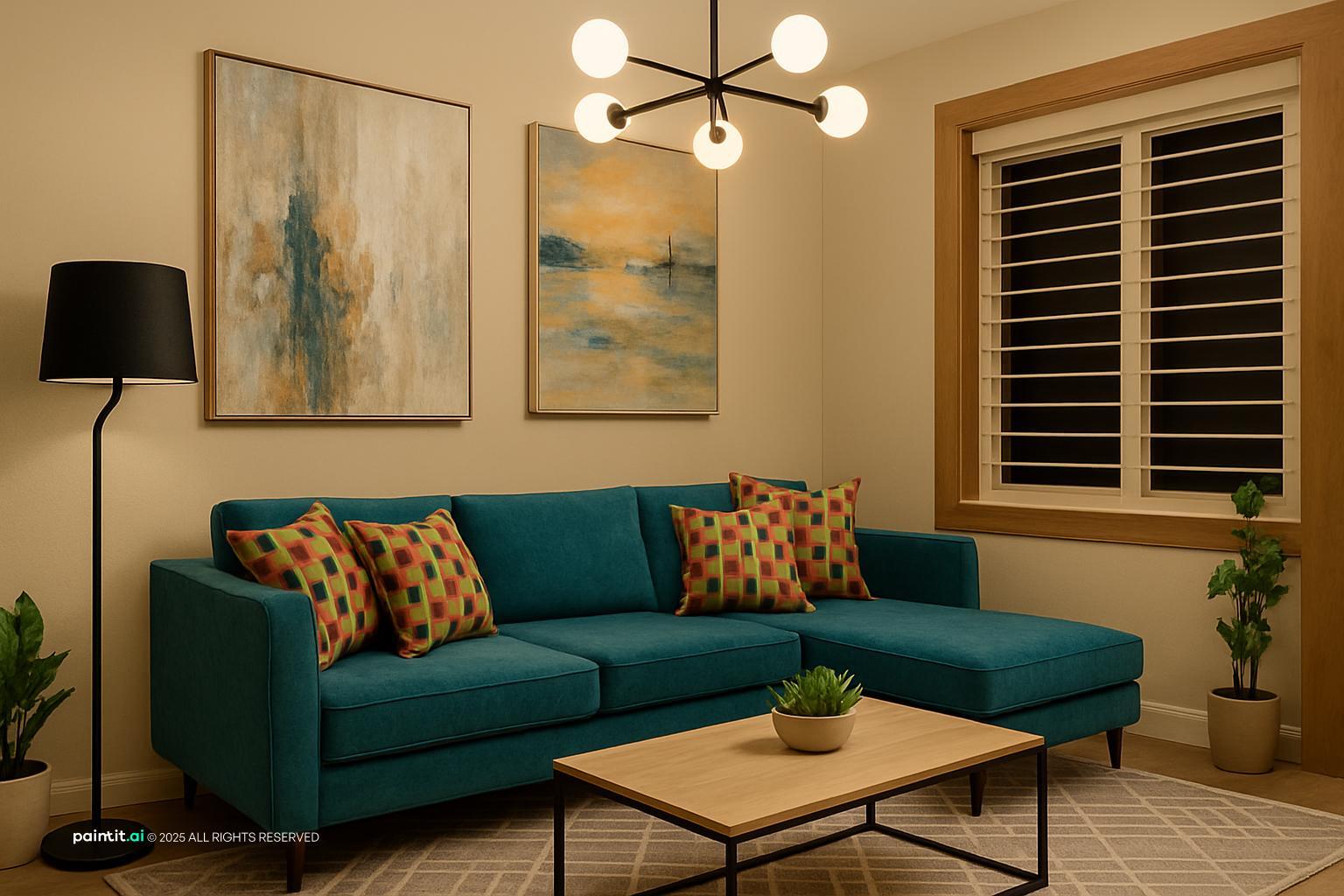 Living room with a teal sectional, patterned cushions and large abstract art